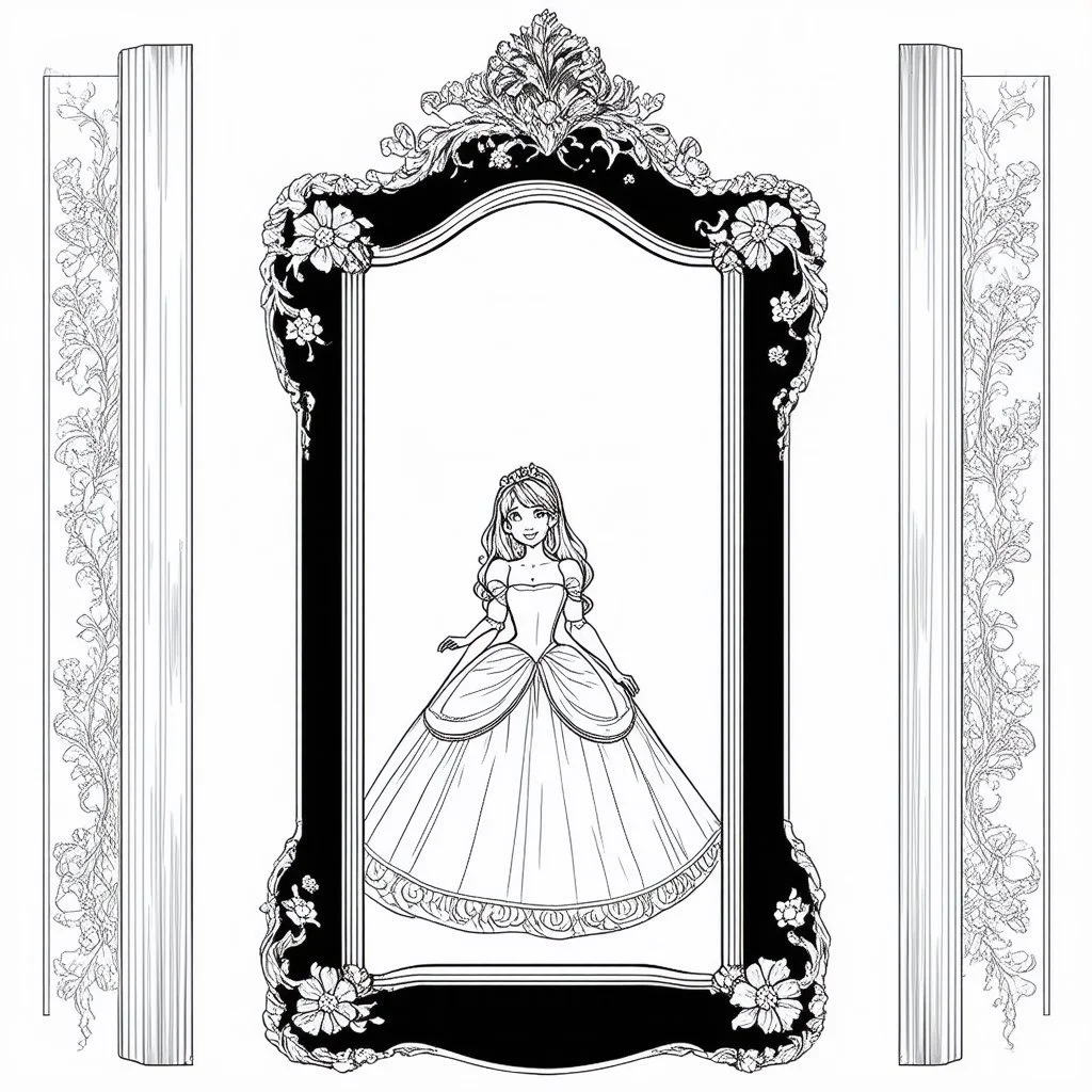 Make black and white cute drawing of a Enchanted Mirror with black bold lines. Only outline, no grayscale. A tall, ornate mirror with an intricate golden frame shaped like vines and flowers. In the reflection, show a magical princess