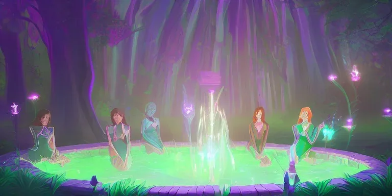 group of beautiful ladies in colour of the rainbow dresses meditating in an enchanted forest with a spring like chalice well, candles in the trees, crystals around, insense burning, super realistic, high detail