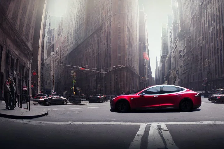 A Tesla 'Model Y' is parked, on 'Wall Street', in New York. (CINEMATIC, WIDE ANGLE LENS, PHOTO REAL)