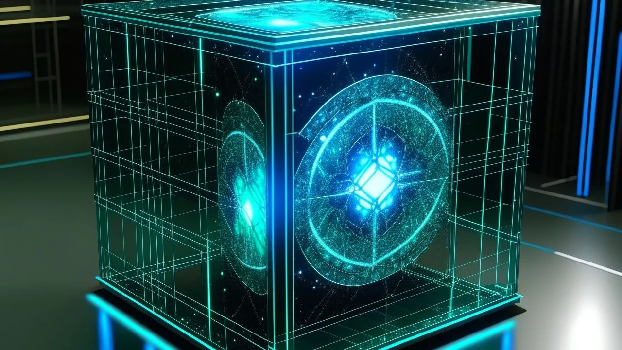 Cube tesseract from movie Loki size 2/3 of image. Located strictly in the middle of picture with space around it and with navy blue/green glow inside tesseract. Without surface/table on which it stay.