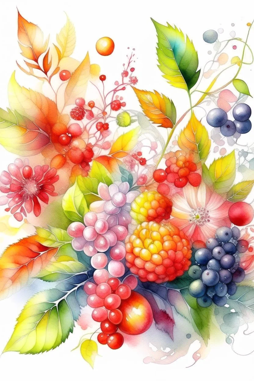 watercolor, photorealism, realistic flowers, leaves and berries, sunny, gloss, white background, pixel art, high detail, delicate sensuality, realistic, high quality, artwork, glitter, hyperdetalization, professional, filigree, transparent, delicate pastel tones, backlight, high detail, gradient texture