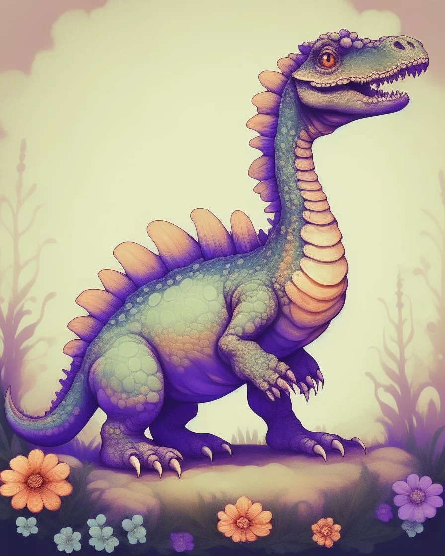 a Fantasy technicolor, A small dinosaur made of flowers and water. Renaissance painting style. cartoon style, thick lines, low detail, of a Fantasy technicolor, no shading, --ar 85:110