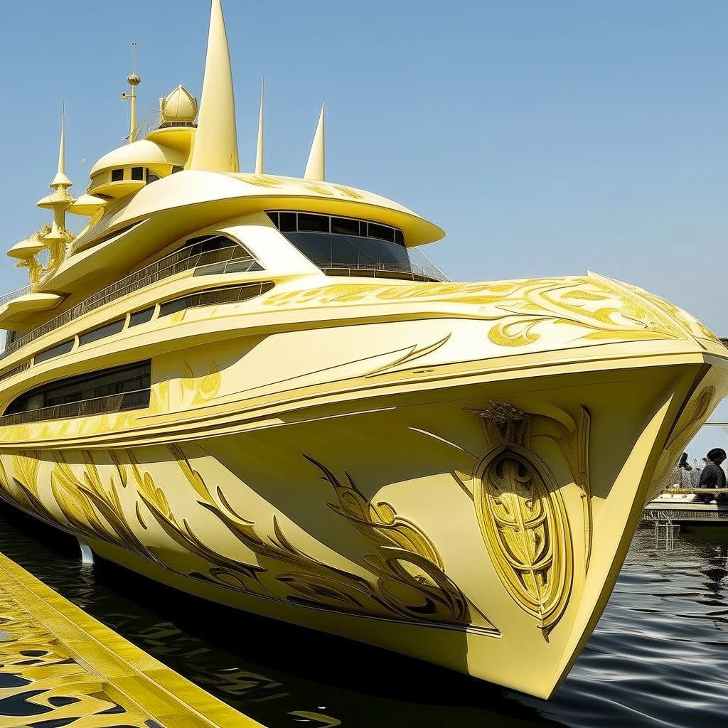 A pale yellow lightning yacht designed in ancient Egyptian architectures and sculptures painted by Cai Jia