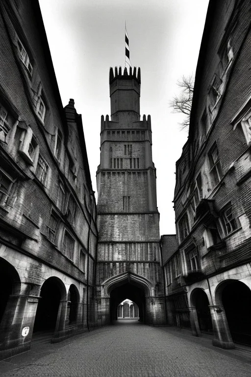 Creepy Old photo of Southampton bargate and eerie cat man and twisted street lights