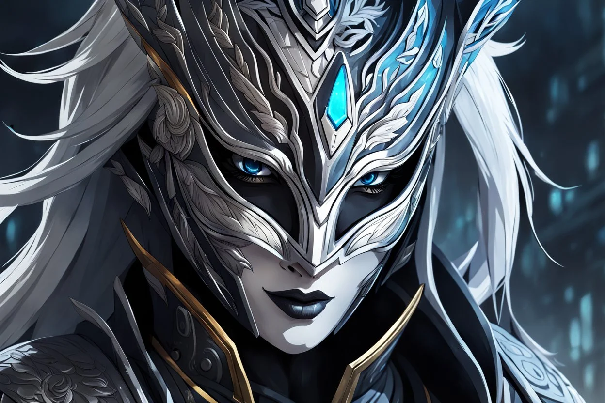 kindred with her mask in 8k anime realistic drawing style, ronin custom , close picture, rain, apocalypse, intricate details, highly detailed, high details, detailed portrait, masterpiece,ultra detailed, ultra quality