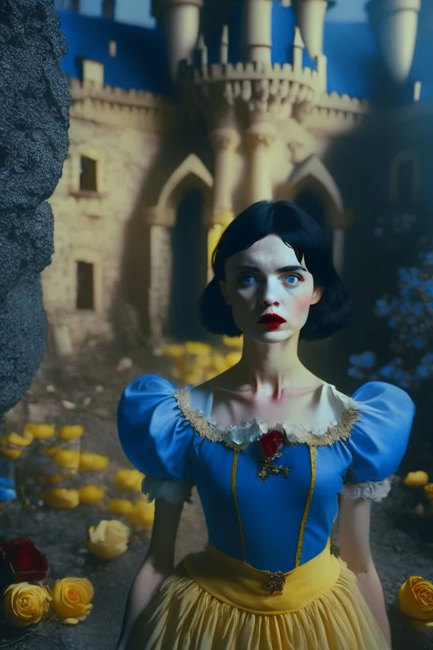 4K Ultra-HD, Hyper realistic, cinematic lighting -- Snow White, short, bowl-cut black hair, blue eyes, Yellow skirt, blue blouse with short poofy sleeves, extremely pail skin, Rose pedals, wild animals, Castle, Full body image -- 4k, stunning, dramatic lighting, dramatic background, cinematic, atmospheric, very detailed, historic, powerful, octane rendering, exquisite detail, 30 - megapixel, 4k, 85 - mm - lens, sharp - focus, intricately - detailed, long exposure time, f8, ISO 100, shutter - s