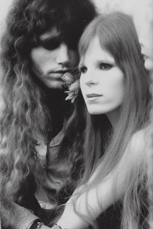 Jim Morrison and Pamela Courson ,music, ignoreNSFW, watermark, bohemian style , blurry,beautiful,elegant,roses, fantasy