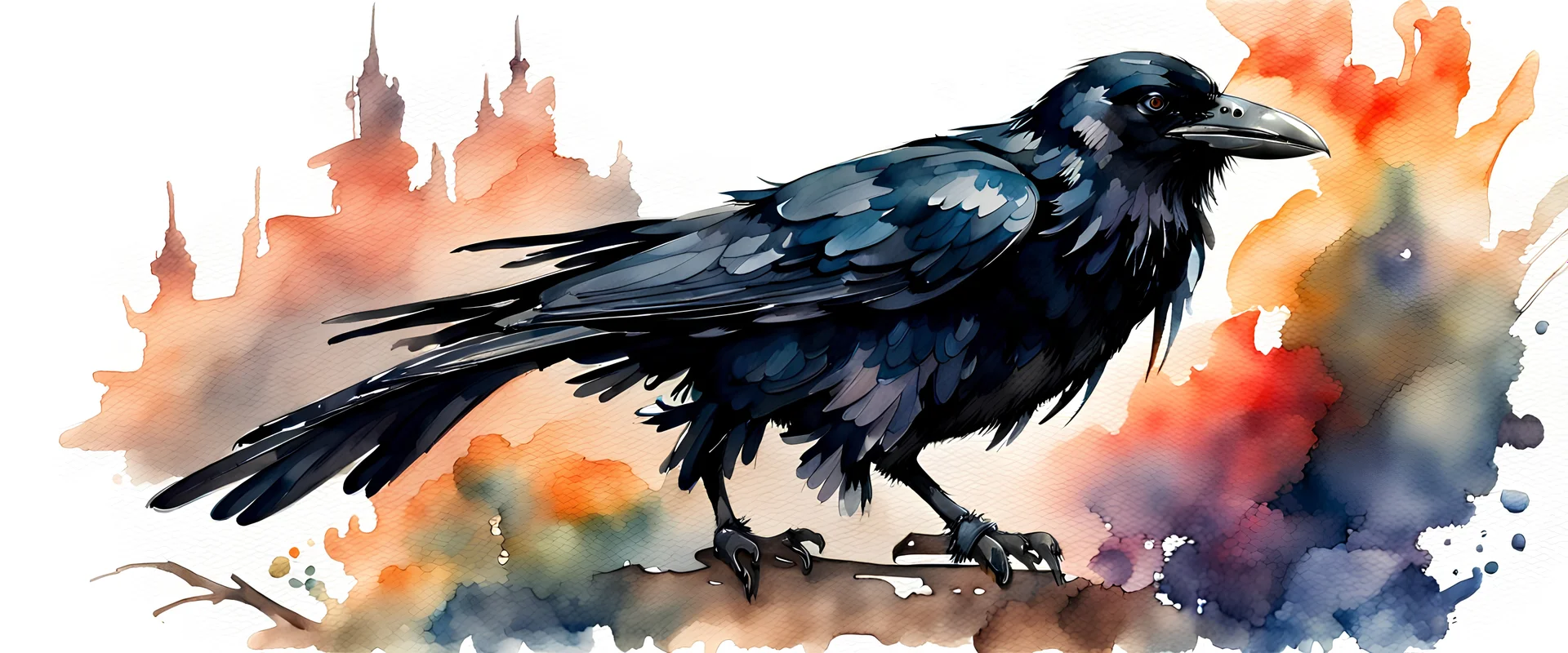 watercolor painting of crow , pen line sketch and watercolor painting ,Inspired by the works of Daniel F. Gerhartz, with a fine art aesthetic and a highly detailed, realistic style