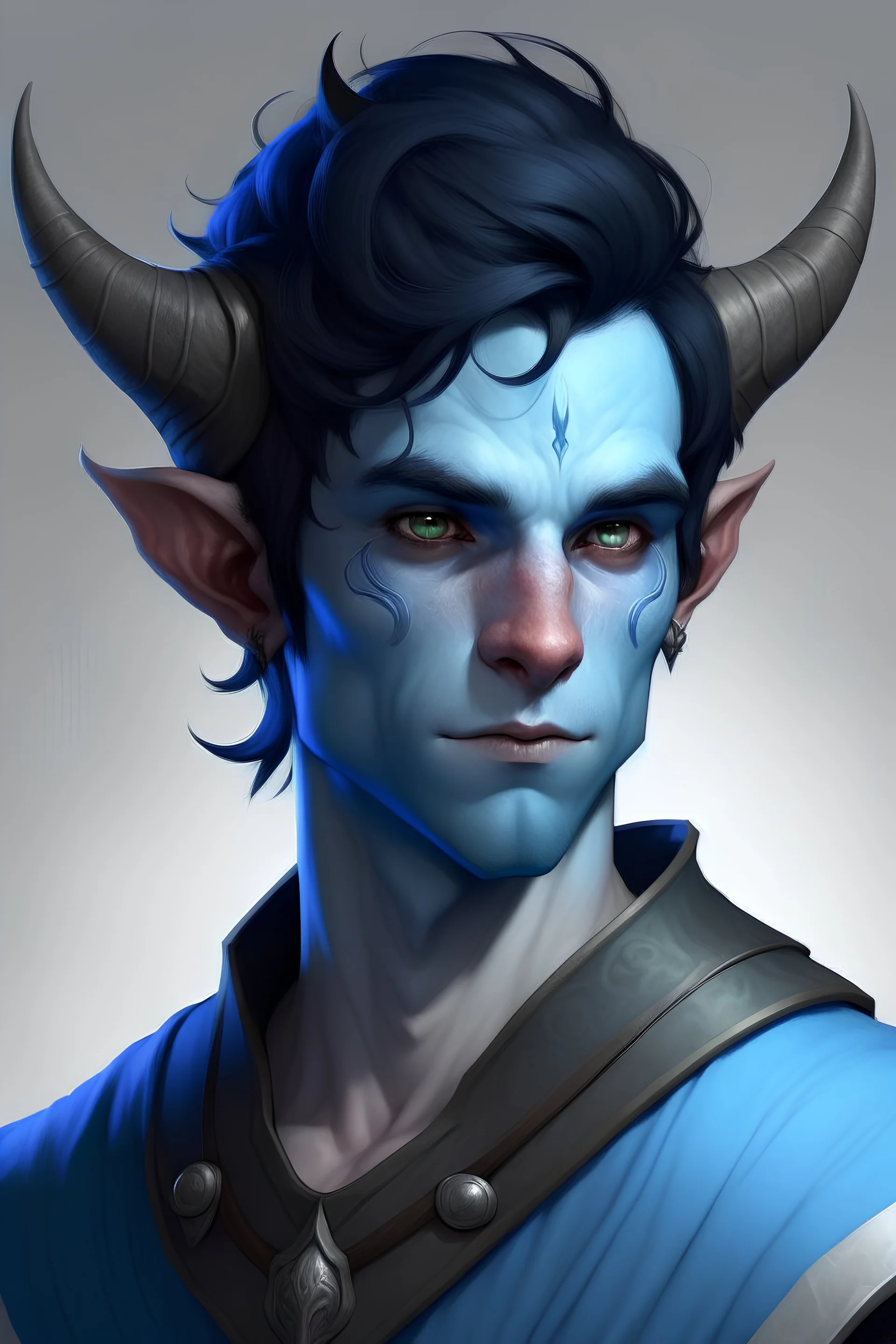 Young Male tiefling, pale blue skin, dark blue hair, blue eyes