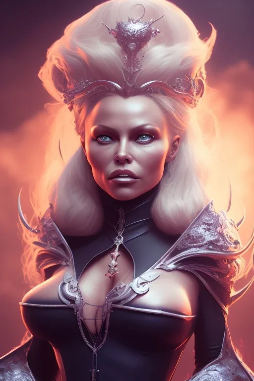 Pamela Anderson as evil queen in black leather, leather, busty, cleavage, angry, stern look. character design by cory loftis, fenghua zhong, ryohei hase, ismail inceoglu and ruan jia. unreal engine 5, artistic lighting, highly detailed, photorealistic, fantasy