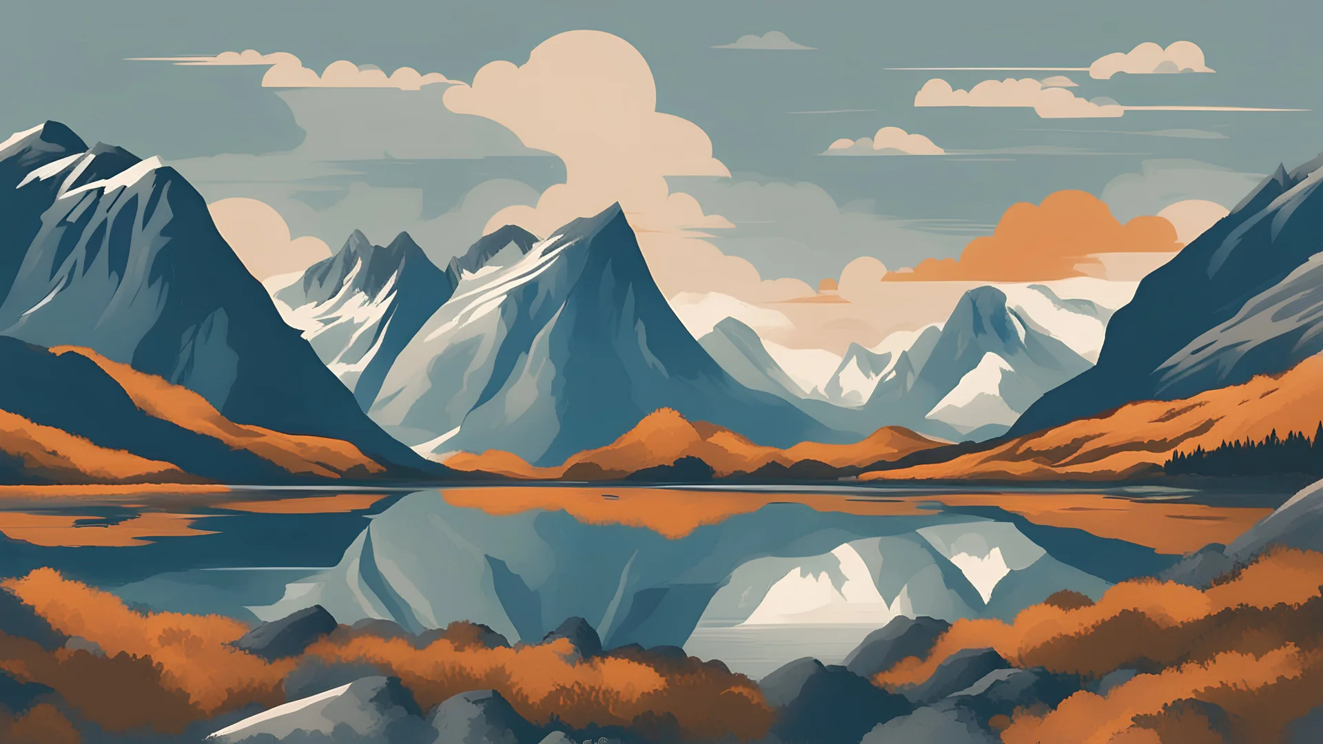 Norwegian fjord mountains desktop background image beautiful vintage poster in the style of USA national park posters clouds colorful graphic design based on Lofoten small fishing community browns oranges in hills blues and whites in sky grey and blues in mountains