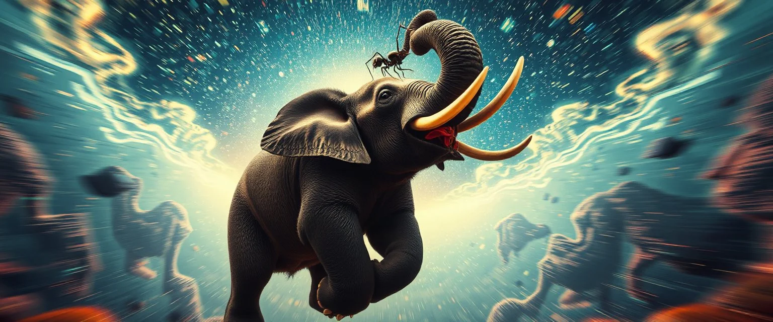 bear ant eater elephant floating in 4 dimensions, goa trance movie poster, stylized art, pin hole photo, motion blur