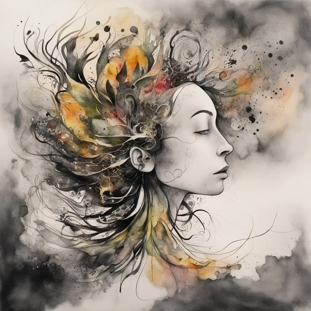 an abstract ink wash and watercolor illustration of her subconscious yearning to be as free as the wind , neo surrealism, abstract expressionism , striking, atmospheric, dreamlike, mystical, enigmatic, in the style of Joan Miro and Roberto Matta, in soft, rich plant based organic colors, boldly inked, hyper detailed , highly detailed feminine facial features, 4k