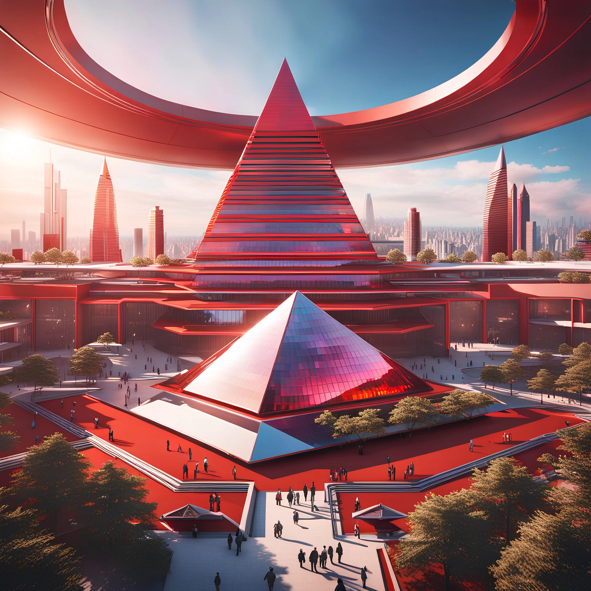 city in 2100, a large red iridescent pyramid building dominating the city :: 8K, 3D, Octane Render, VRay, Unreal Engine 5, Hyperdetailed, intricate, HDR, extremely realistic evolution of future architecture, photorealism, colourful, blue sky over a clean environment, award winning, crisp quality, masterpiece, fantastic view, digital art, airbrush art, ink drawing, sharp focus, high contrast, depth of field
