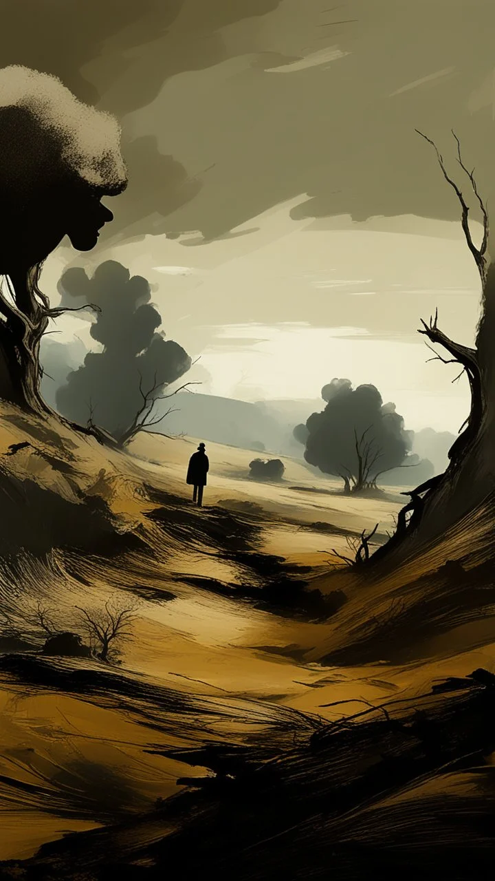 A man, a teacher, walks away through a barren, dry field along a dusty road. The scene is enveloped in mist and fog, with leafless trees lining the path. The sky is ominously dark from an approaching storm. The composition is captured from a ground-level perspective, inspired by the styles of Adrian Ghenie and Lucian Freud. The color palette includes shades of grey, black, brown, and ochre, emphasizing a moody, somber atmosphere. The man’s figure should appear introspective and slightly obscured