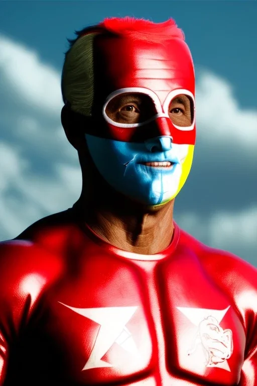 realistic image of joe biden as a mexican wrestling fighter posing, Mexican eyes wrestling mask, red and blue breeches, retro style, 80s, vibrant color, highly detailed, sky background, concept art, unreal engine 5, god rays, ray tracing, RTX, lumen lighting, ultra detail, volumetric lighting, 3d, finely drawn, high definition, high resolution.