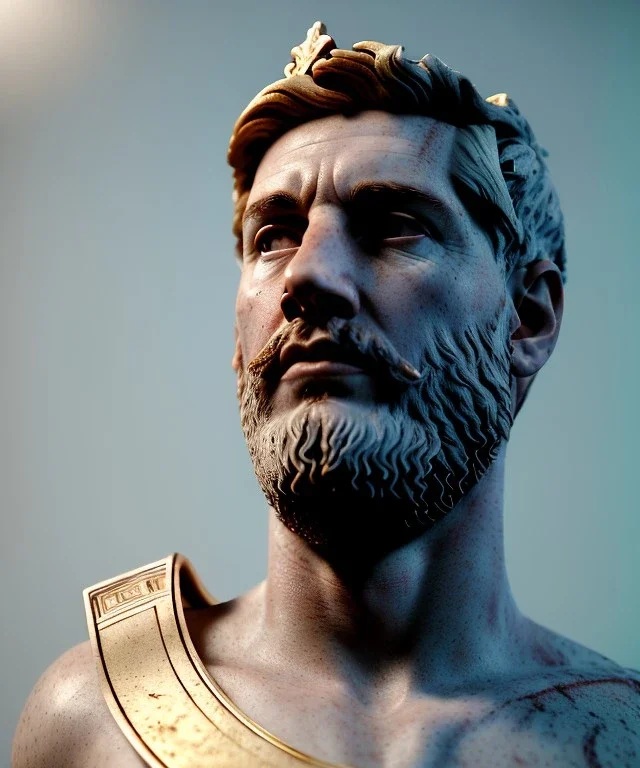 Ultra Realistic image, roman sculpture, marble deluxe material, Lionel Messi, gold Laurel crown, miguel angel style, chisel style, emperador, waist up portrait, cinematic lighting, God light, god rays, 4k resolution, smooth details, ornate details, soft lighting, unreal engine 5, sky background.