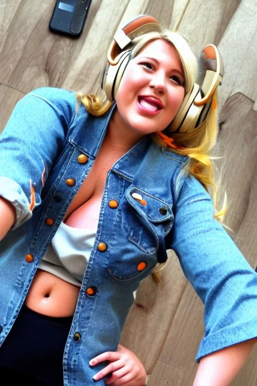 blonde taking selfie.thick thighs,thick calves,flat belly,curvy fell. NOVEL kind of bolero is sewed of recycled rough Denim, which condescends with integrated bag[SIC]. It is sewed together of camouflage pieces, whose color are all denim colors, orange, cream, brown and purple. Big colored headphones (gold rings!) is merged with small felt cap with small visor. It is with big bright purple felt tippet and birght-colored-hood is merged with colorful beanie. Style: 1980's Finland