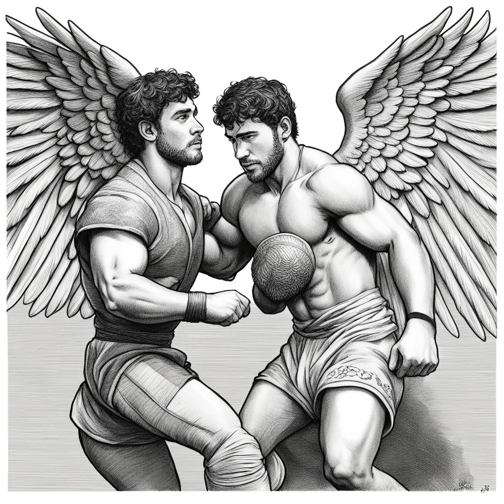 [WSJ drawing portrait Hedcut style] Jacob wrestling with angel