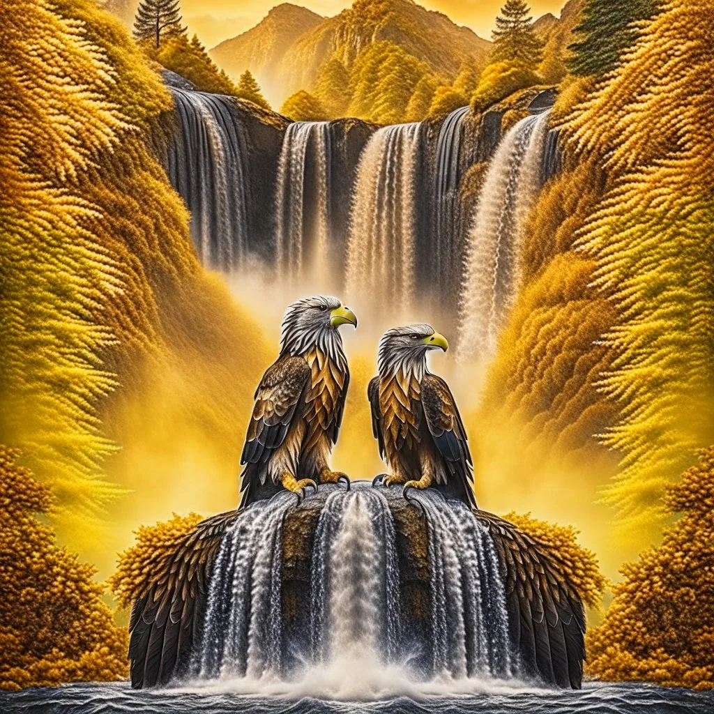 autumn portrait of psychedelic eagle couple on surfboard in waterfall, in the style of escher , 8k, down-light, soft light, depth of field, photo realism, trending on art station, high detail, smoke and fog