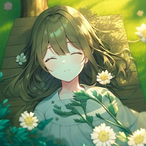 anime girl sleeping in a far away distance. field of flowers. trees are in the distance. girl is sleeping underneath a willow tree in the distance, picture is not upclose