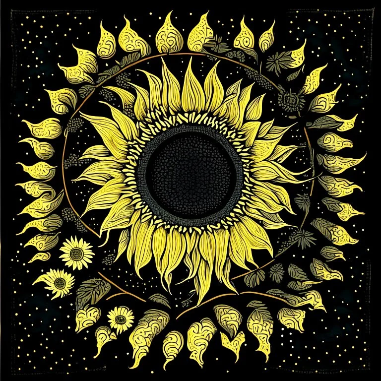 Silkscreen printing sunflower, moon, mandala decoration