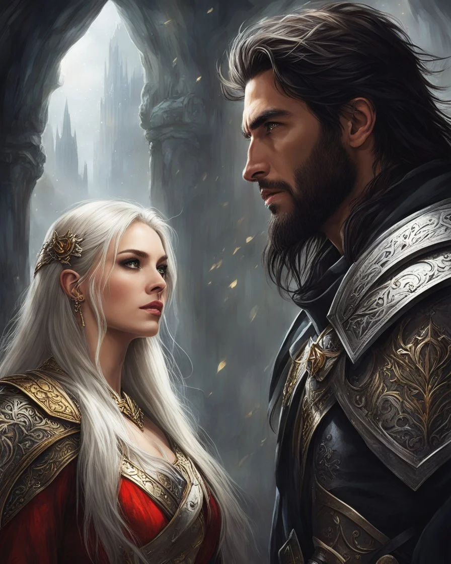 heroic fantasy scene: Norgal's eyes narrow slightly, captivated by Zhaania's words. He senses a profound truth in her words, a recognition that there is more to their encounter than a mere battle of strength. He lowers his weapon slightly, a sign of respect for Zhaania's words. "You speak with a wisdom beyond your years, Zhaania," Norgal concedes, a newfound appreciation evident in his tone.