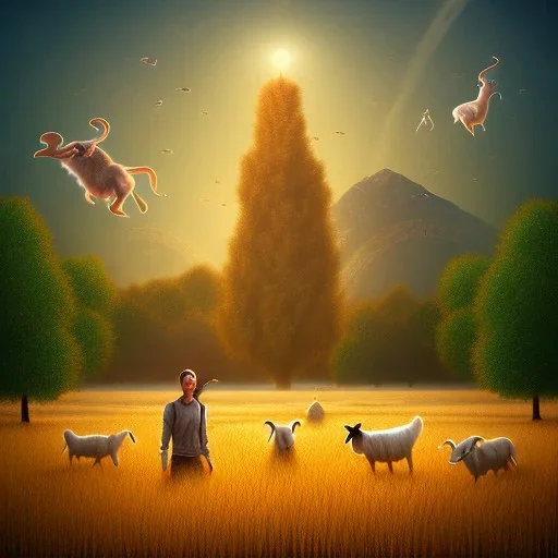 Lost in a wheat field surrounded by goats in a dream sketch