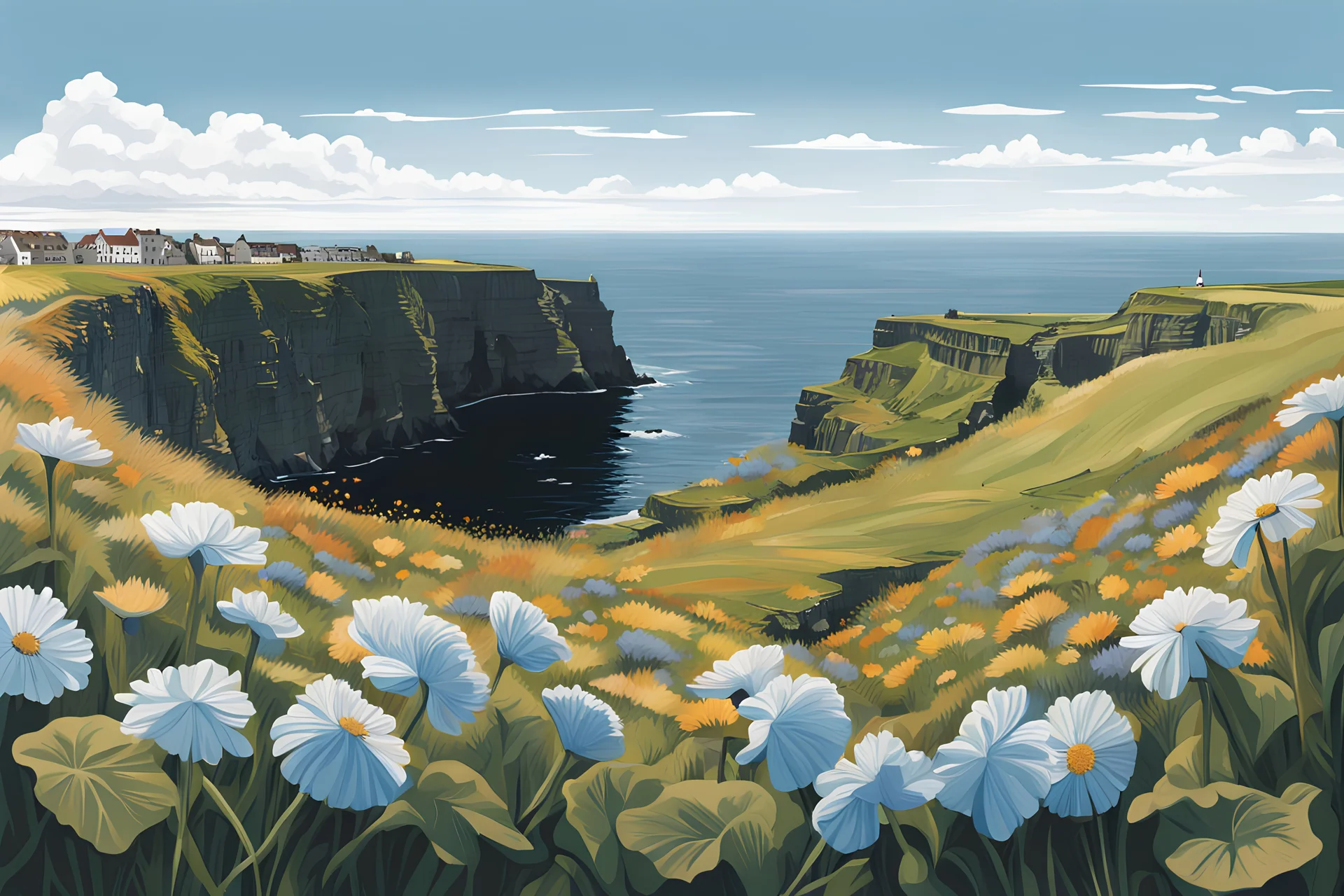 realistic cliffs of moher blue sky panoramick view monocolour flowers