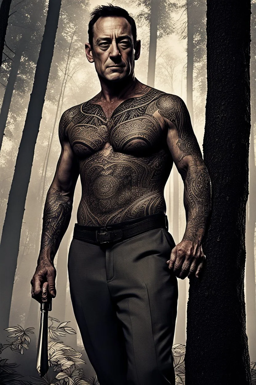 Jason Isaacs Very muscular man with short hair and tribal tattoos in armani suit in forest, realistic face, close-up, dark fantasy, smoke in the sky, intricate details, hyper detailed