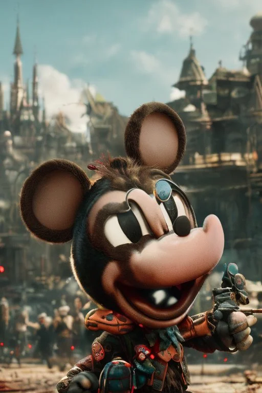 zombie mickey mouse hybrid, photorealism, movie screen capture, horror, sci-fi, retrofuturism,