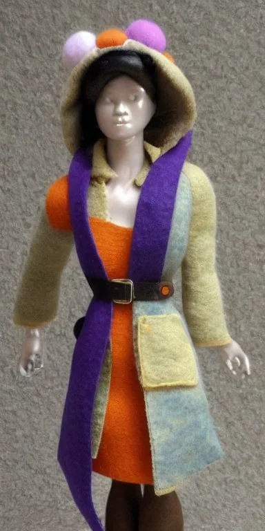 Young fleshy woman. thick thighs, thick calves, strong. Mantle is sewed of recycled Denim and sewed together of recycled polymer felt. Camouflage colors are terracotta, cream and purple, lilac. Cream latex gaiter. Yellow(Munsell)!hint of orange as effect color!!Big bright purple/khaki felt tippet and cream or blue or lilac colored-hood. mantle is merged with satchel. . AKG-style headphones (gold rings!) is merged with small felt cap with small visor. Style: Haute Couture in 1998