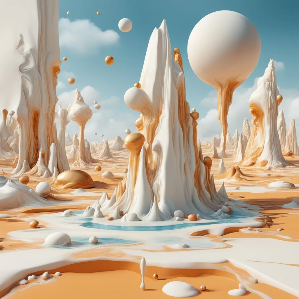 Bright, glittering, 3d, marble-like, surreal objects in a bright environment, desert, noon light, melting cream, Yves Tanguy style