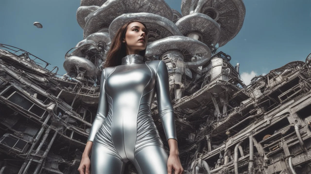 three-quarter-worms-eye view of a woman in a silver robotic catsuit standing in a futuristic derelict city with mushrooms with tentacles, floating in the sky