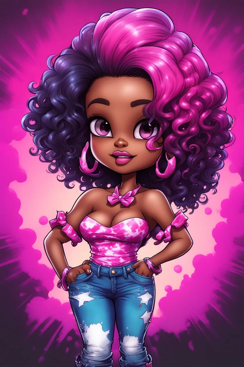 vibrant psychedelic comic book image, airbrush, 48k, cartoon art of a chibi curvy black female wearing torn jeans pants and a pink tie dye off the shoulder blouse. Prominent make up with lush lashes. Highly detailed sleek wavy ponytail