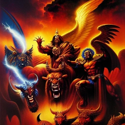 portrait oil on canvas,'four beasts of revelation 4',comic book cover, mystical colors,insanely detailed,realistic,intrincate detail, 16k resolution, masterpiece,Simon Bisley,Frank Frazetta,Alex Horley,ARTHUR ADAMS