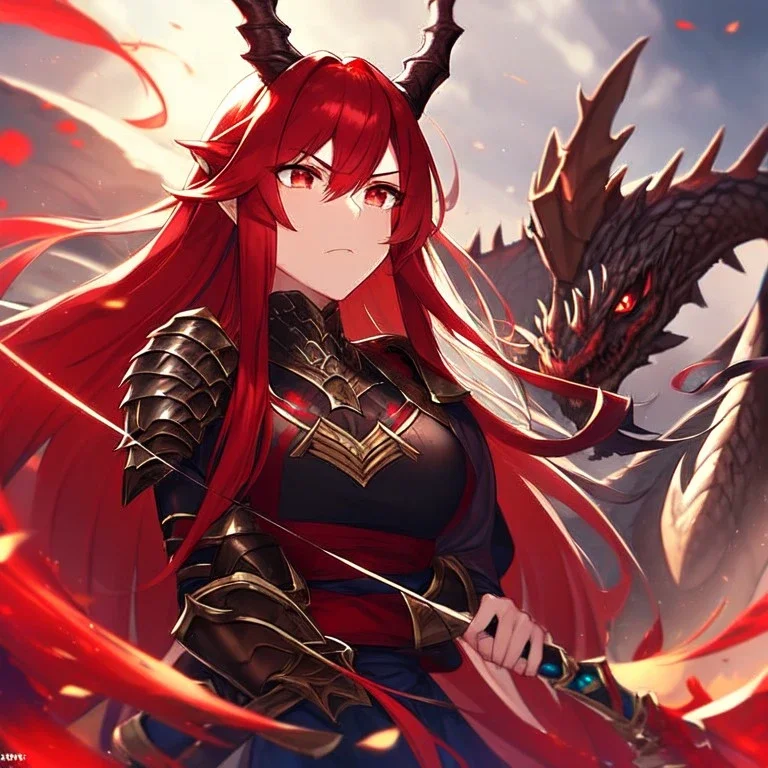 girl, masterpiece, best quality, volumetric lighting, detailed outfit, perfect eyes, long hair, red hair, red eyes, dragon girl, armored clothes, angry, looking down, dragon horn,