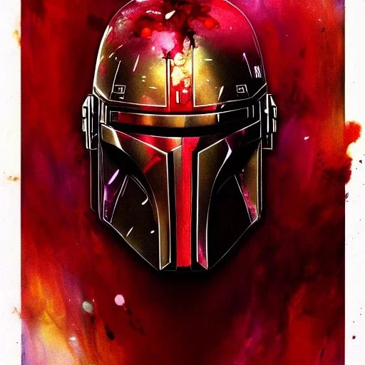 photorealistic the mandalorian helmet, illustration by <agnes cecile> <Yoji Shinkawa>, ornate and intricate details , soft smooth lighting, blood red and gold colormix, concept art, galaxy background