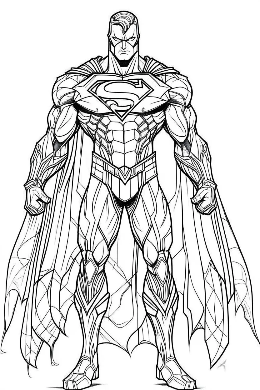 outline art An evolved Superman.Batman cinematic lighting, high resolution 3D render art coloring pages with witch, white background, Sketch style, full body, use outline, Mandala style, clean line art, white background, no shadows and clear and well