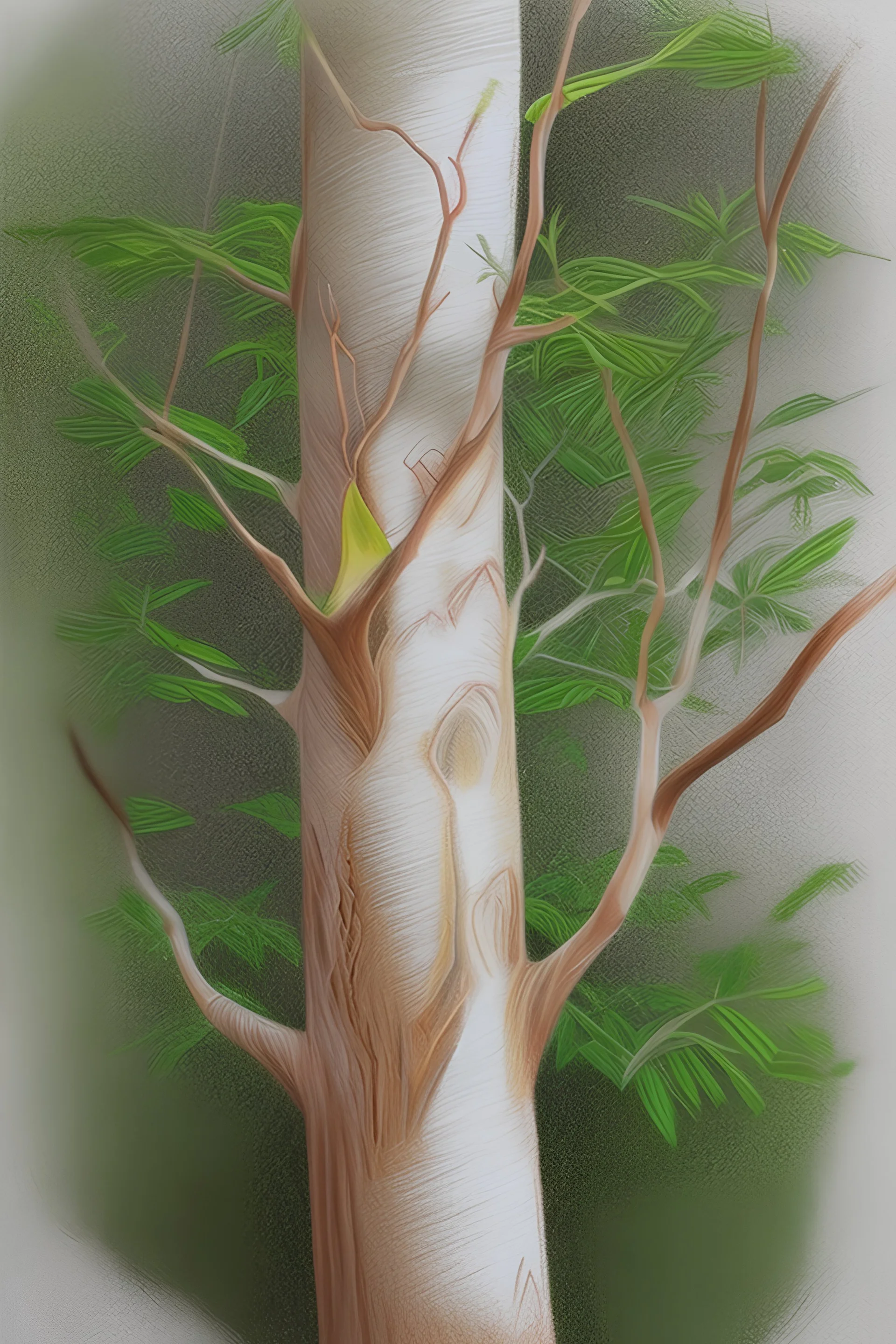 Realistic drawing with colored pencils of a tree on a white background