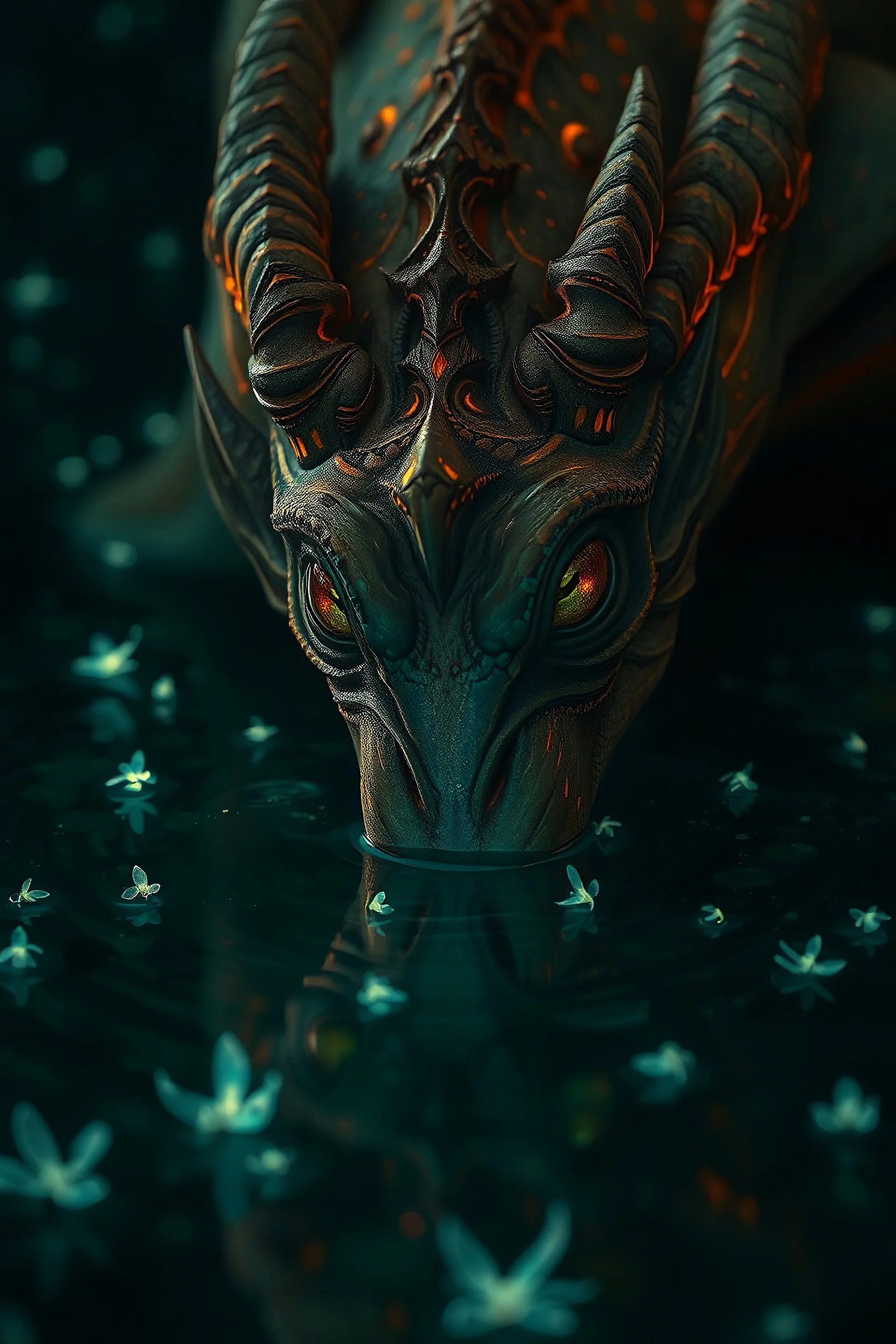 A dark and gritty close-up of a magical creature gazing into the water, looking directly at the camera. The creature is depicted in the style of James Jean, with intricate and otherworldly features. The scene is set in a mysterious pond, surrounded by bioluminescent fireflies that cast an eerie glow. The water reflects the creature's enigmatic gaze, adding to the overall sense of mystery and intrigue. The color palette is dominated by deep greens and oranges, creating a striking and atmospheric