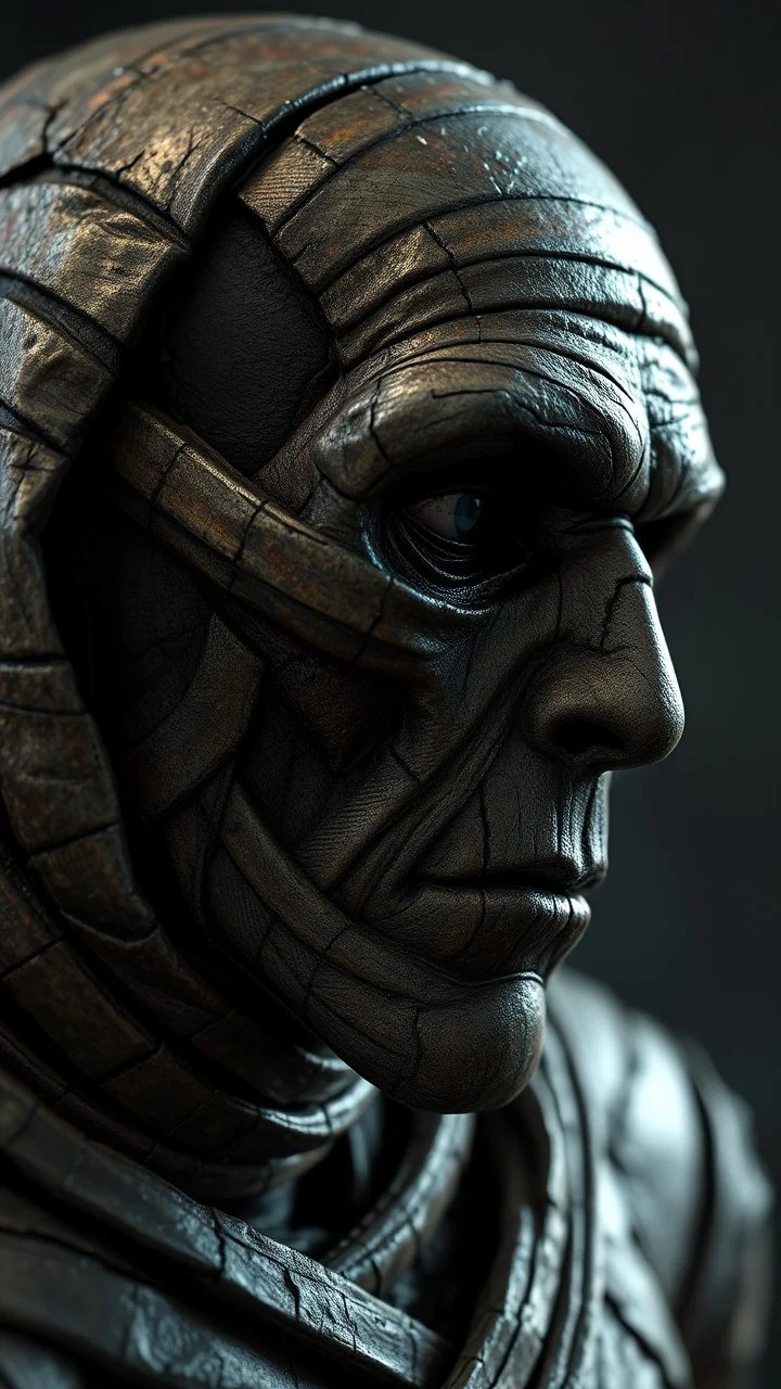 a side view of the mummy by his face skin is a rusted broken metallic skin texture in a 3d rendering full-height image of a grim and dark scene. Ensure the final images exhibit the utmost quality, encompassing 4K, 8K, and 64K resolutions, with 3D rendering that manifests in photorealistic, hyperrealistic, and highly detailed representations. Employ techniques such as HDR, UHD,