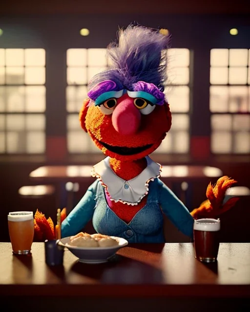 Pub scene, hybrid character, waitress woman with monster muppet mask that covers her entire head, retro style, Sesame Street style, smooth, unreal engine 5, god lights, ray tracing, RTX, lumen lighting, ultra detail, volumetric lighting, 3d.