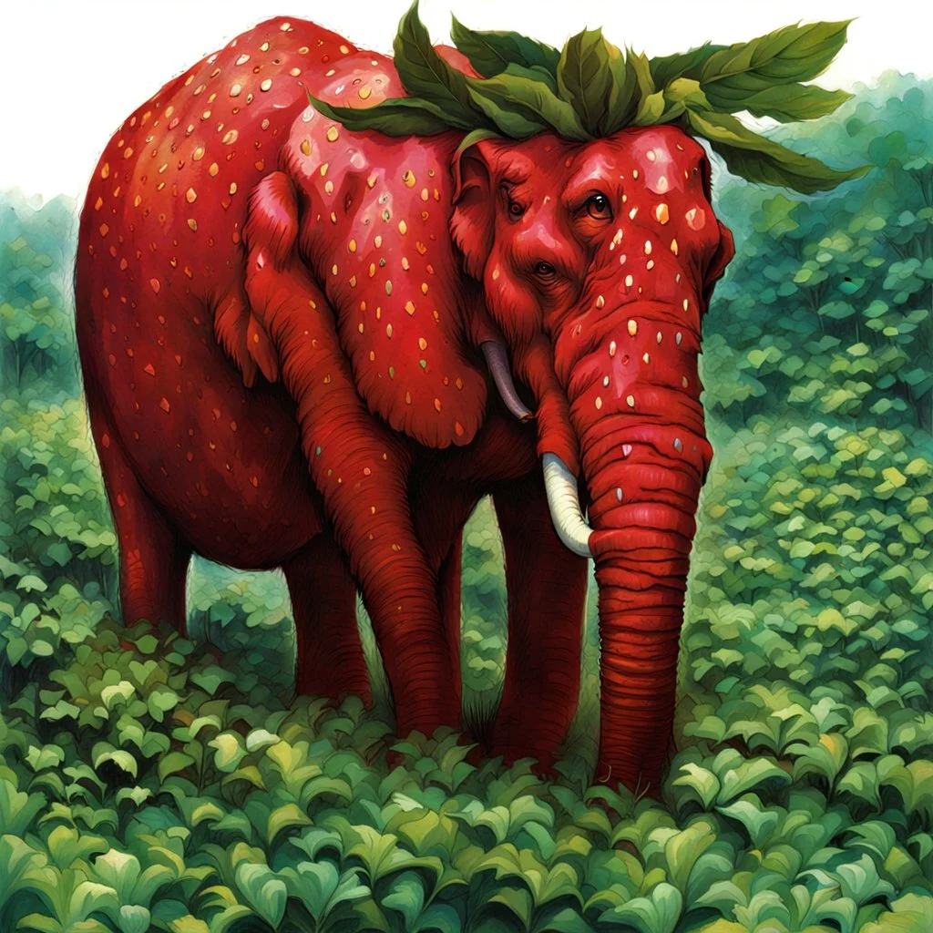 fantasy 90's tcg art of red strawberry elephant