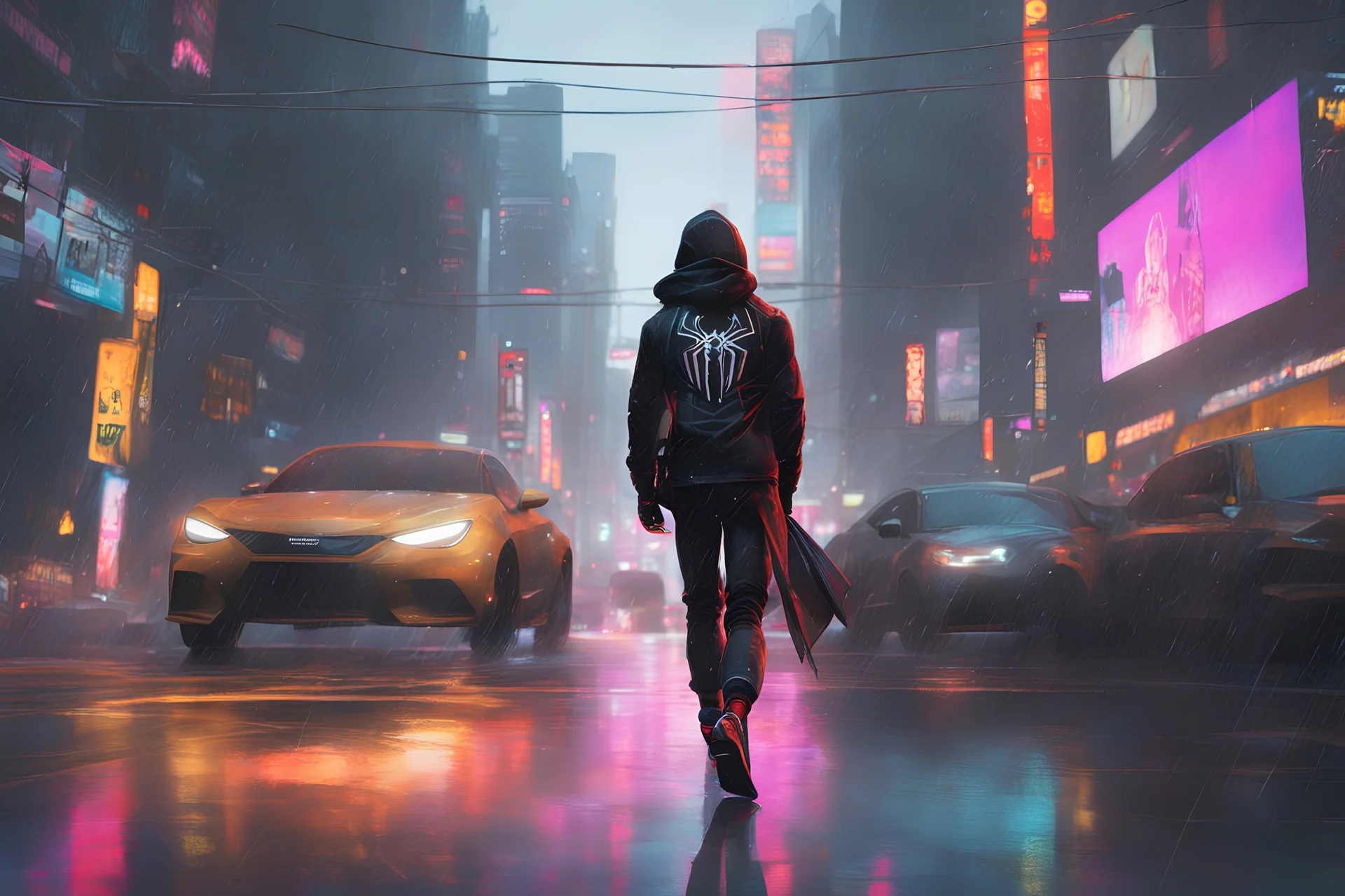 Miles morales in 8k nier automata drawing style, spider man them, cinematic mood, neon effect, close picture, rain, highly detailed, high details, detailed portrait, masterpiece,ultra detailed, ultra quality