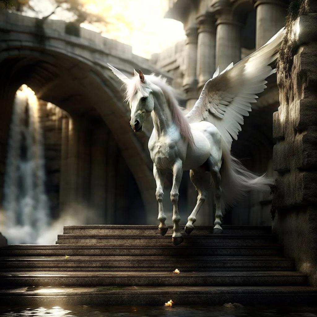 portrait of a white fantastic flying winged horsed/pegasi in front of a staircase into a portal to the desert in the middle of a waterfall, photo-realistic, shot on Hasselblad h6d-400c, zeiss prime lens, bokeh like f/0.8, tilt-shift lens 8k, high detail, smooth render, down-light, unreal engine, downlight