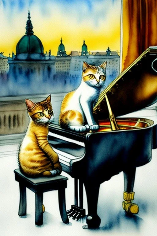 A young beautiful cat, portrait, is playing on a piano, Vienna in the background, watercolour