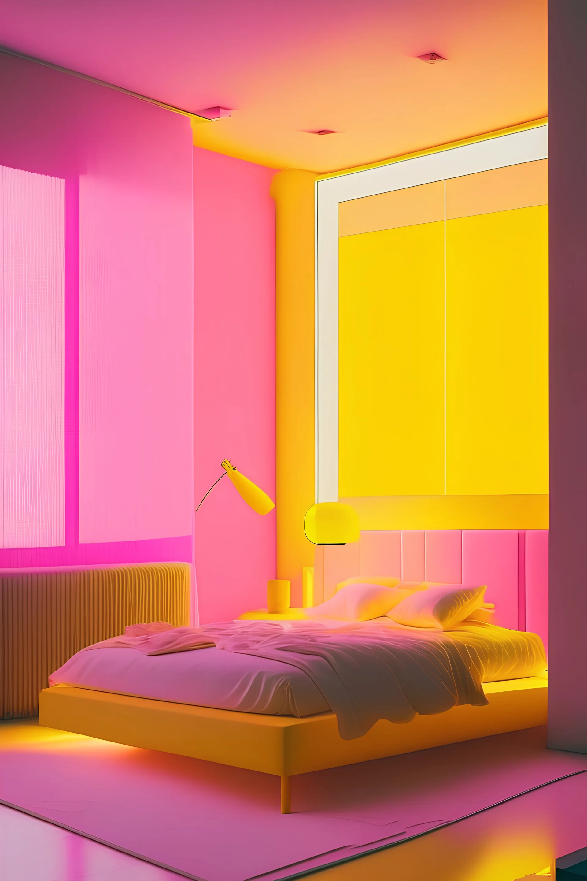 Bedroom, yellow walls, transparent glass furniture, modern, LED pink lighting, modern art, cool vibes