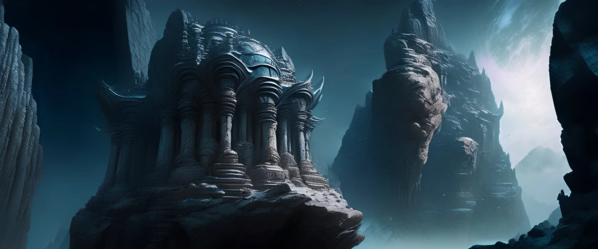 , rocky cliff, Palace carved into the rock, galaxy, infinity, space, water , statue , sci-fi., rocky cliff, Palace carved into the rock, galaxy, infinity, space, water , statue , sci-fi. Stone temple structure with spherical theme. Big details. European. . Carved in mountain, Style: concept art. Mood: foggy, desaturated ,Mountains Sky, cosmos, water, panorama Background: The sky is filled with swirling alien constellations,