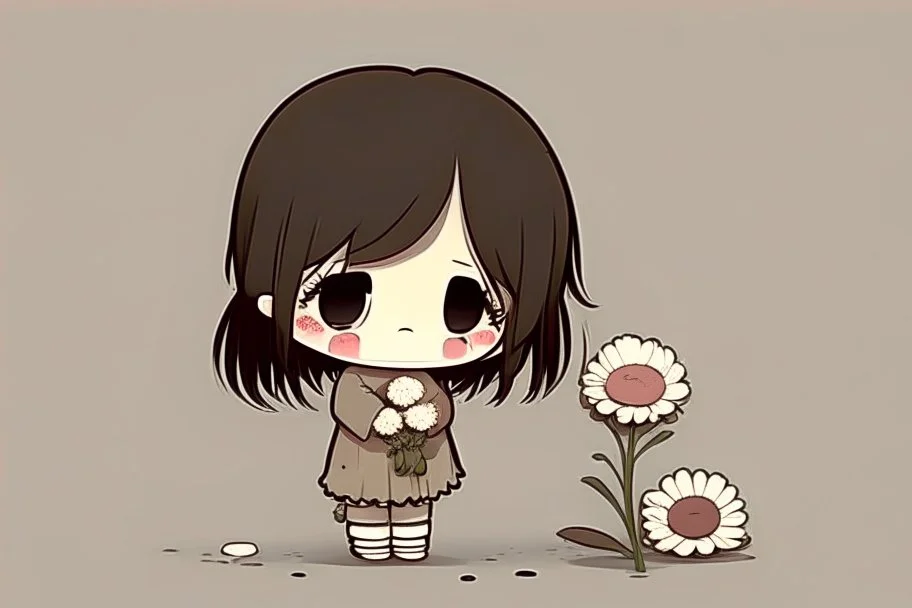 cute sad lonely chibi girl holding a sad flower